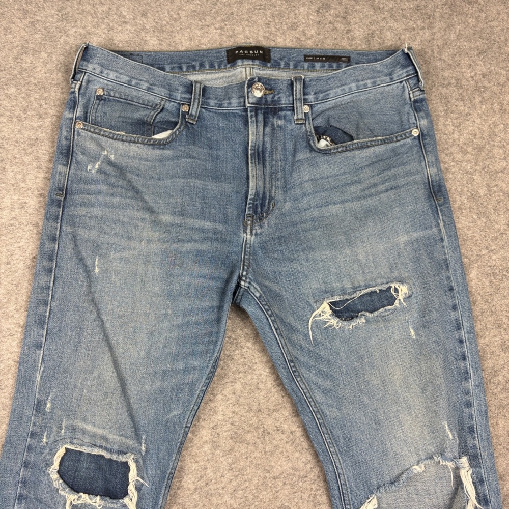 PacSun Slim Jeans Mens 34x32 Blue Distressed Ripped Denim Streetwear Beach Surf
